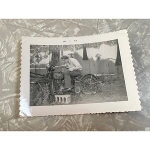 Vintage 1957 Motorcycle Snapshot Photo Man on Bike Deckled Edge Kodak Velox 50s